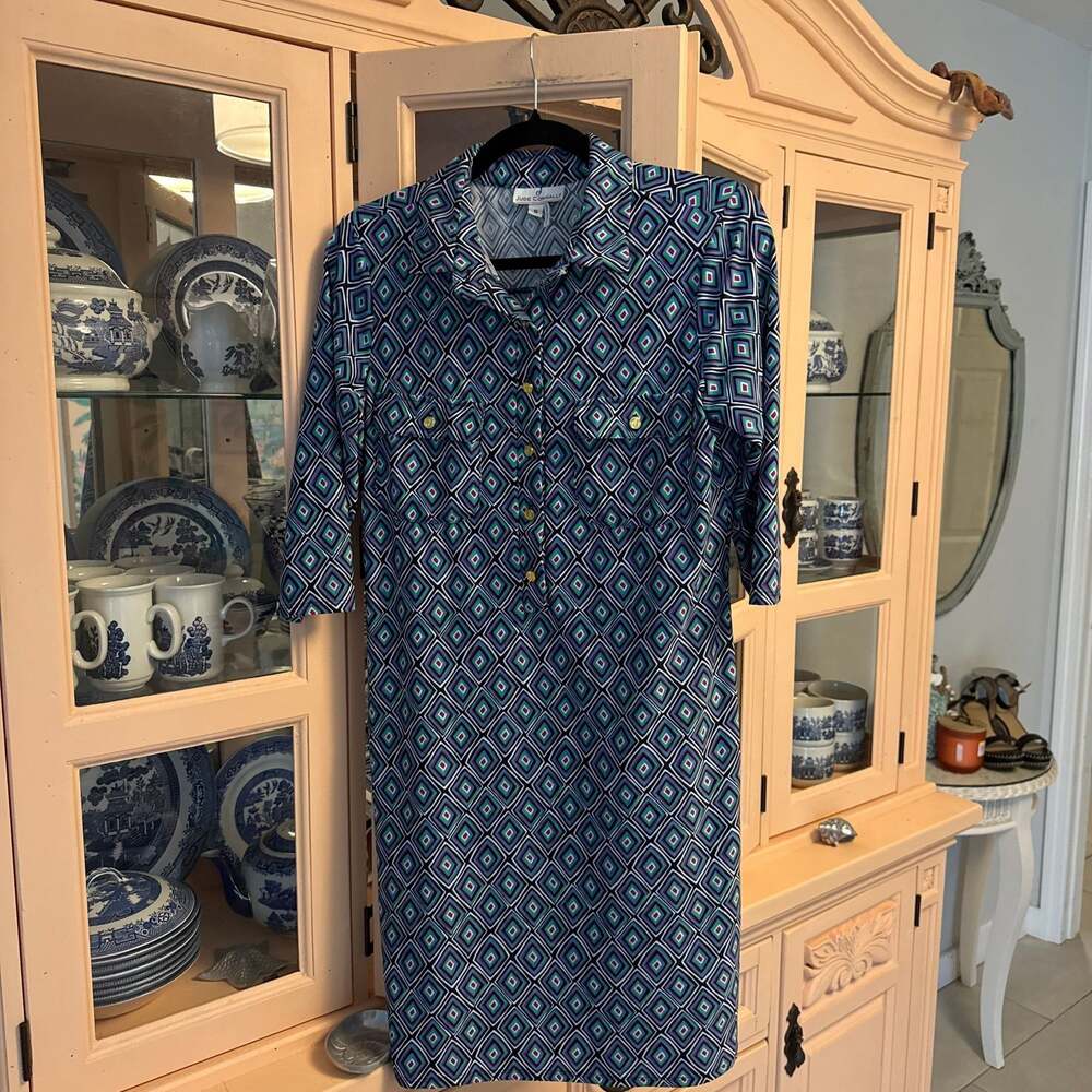 Jude Connally Geometric Shift Dress, Blue and Green Diamond Print, Size S